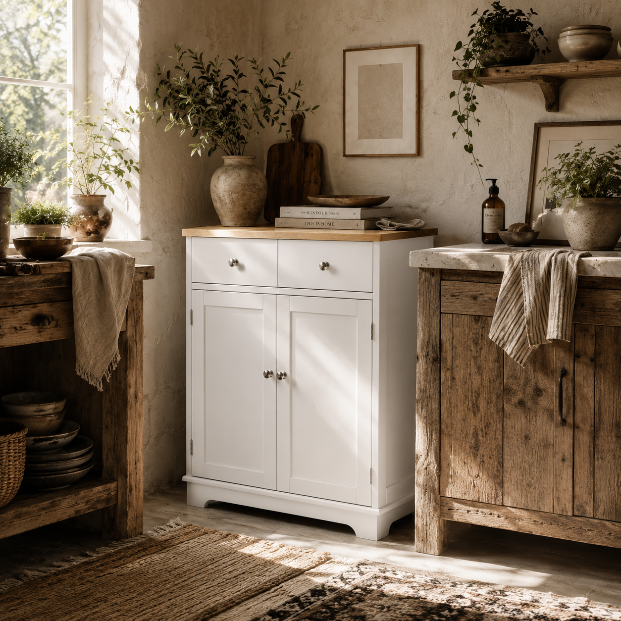 Colalu Wooden Kitchen Cabinet With Solid Natural Top 2 Doors 2 Drawers