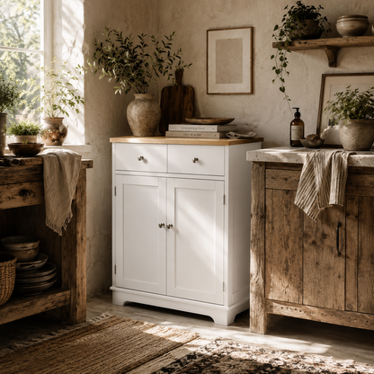 Colalu Wooden Kitchen Cabinet With Solid Natural Top 2 Doors 2 Drawers