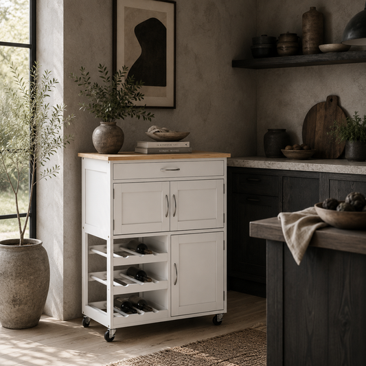 Hala Wooden White Rolling Kitchen Island With Wine Rack 1 Drawer 3 Doors