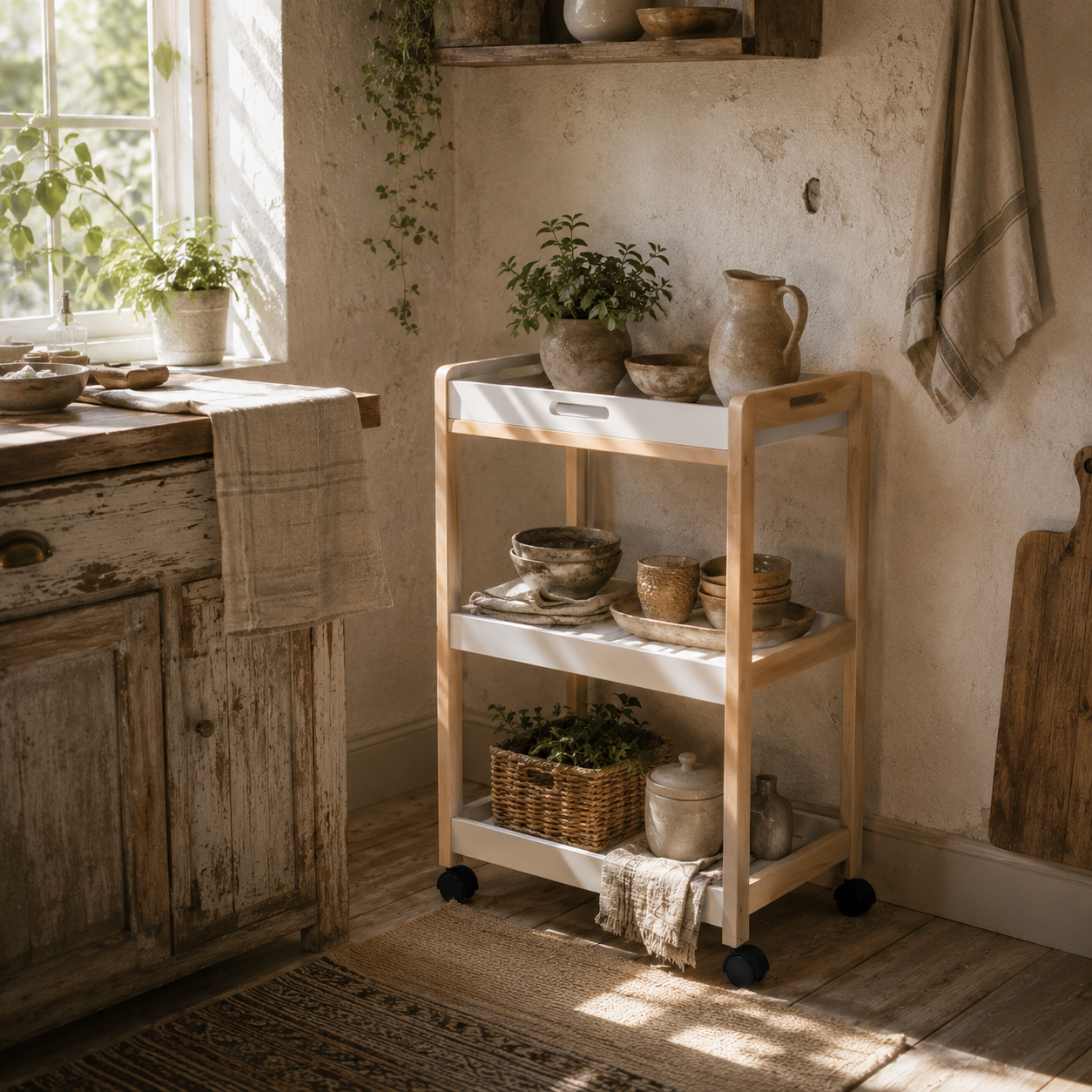 Vesa Wooden White 3 Tier Mobile Kitchen Trolley With Shelves