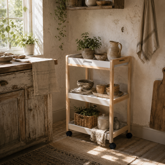 Vesa Wooden White 3 Tier Mobile Kitchen Trolley With Shelves