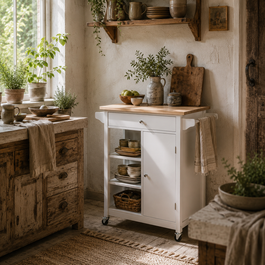 Yota Wooden White Kitchen Island On Wheels With Wood Top Shelves And Storage Cupboard