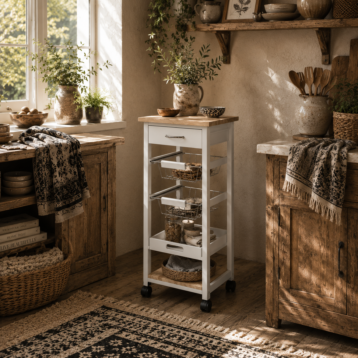 Dini Wooden White Mobile Kitchen Trolley With Baskets Shelves And Wheels