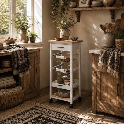 Dini Wooden White Mobile Kitchen Trolley With Baskets Shelves And Wheels