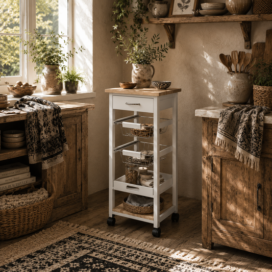 Dini Wooden White Mobile Kitchen Trolley With Baskets Shelves And Wheels