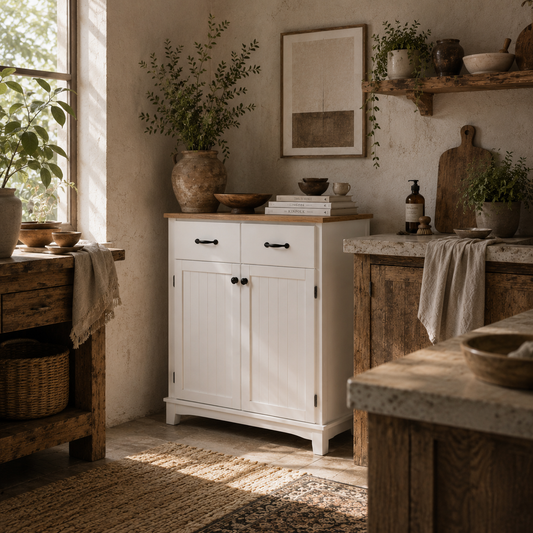 Vamalu Wooden White Kitchen Cabinet With 2 Drawers For Dining And Living Spaces