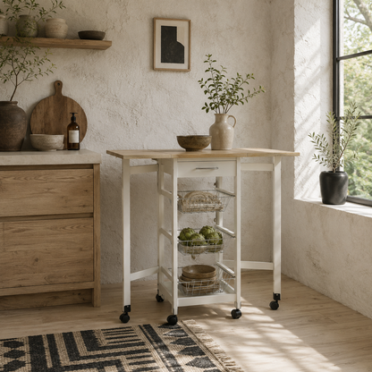 Ziha Wooden White Oak Tone Drop Leaf Kitchen Trolley With Baskets And Wheels