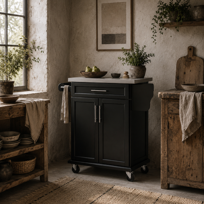 Paha Wood And Steel Black Kitchen Island Trolley With Stainless Steel Top Drawer And Side Rack