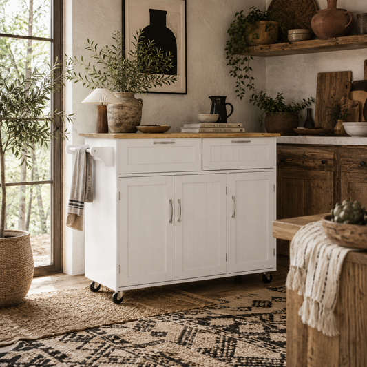 Nave Wooden White Kitchen Island 2 Drawers 3 Doors