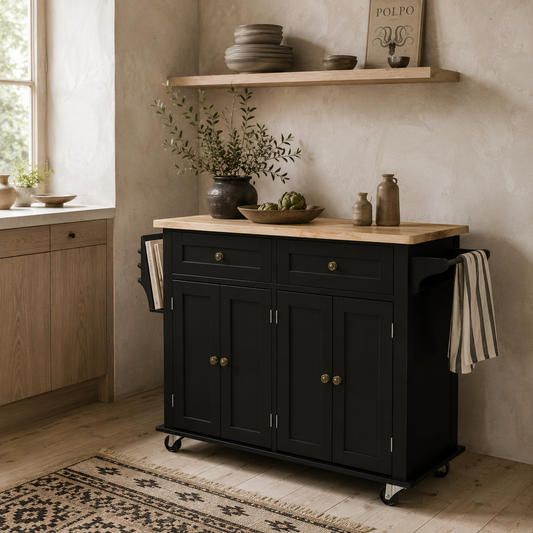 Telatti Rubberwood Top Black Rolling Kitchen Island With Drawers And Storage