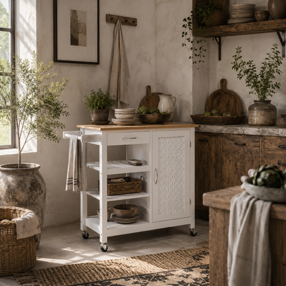 Cottalo Wooden White Rolling Kitchen Trolley With Embossed Door Panels And 3 Storage Shelves
