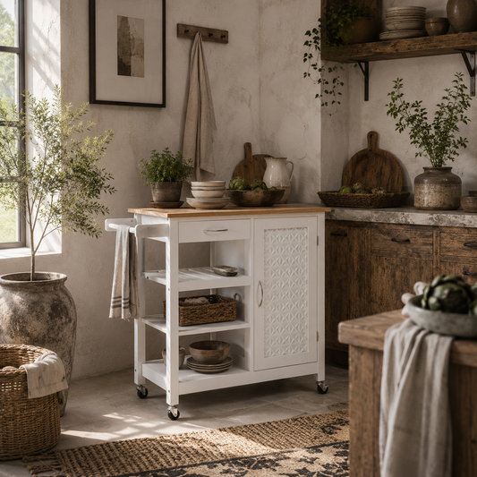 Cottalo Wooden White Rolling Kitchen Trolley With Embossed Door Panels And 3 Storage Shelves