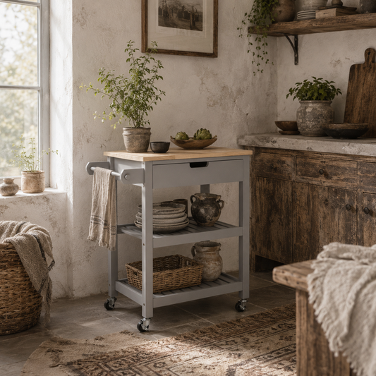 Vena Wooden Grey and Natural Kitchen Trolley With Worktop Drawer And Shelves