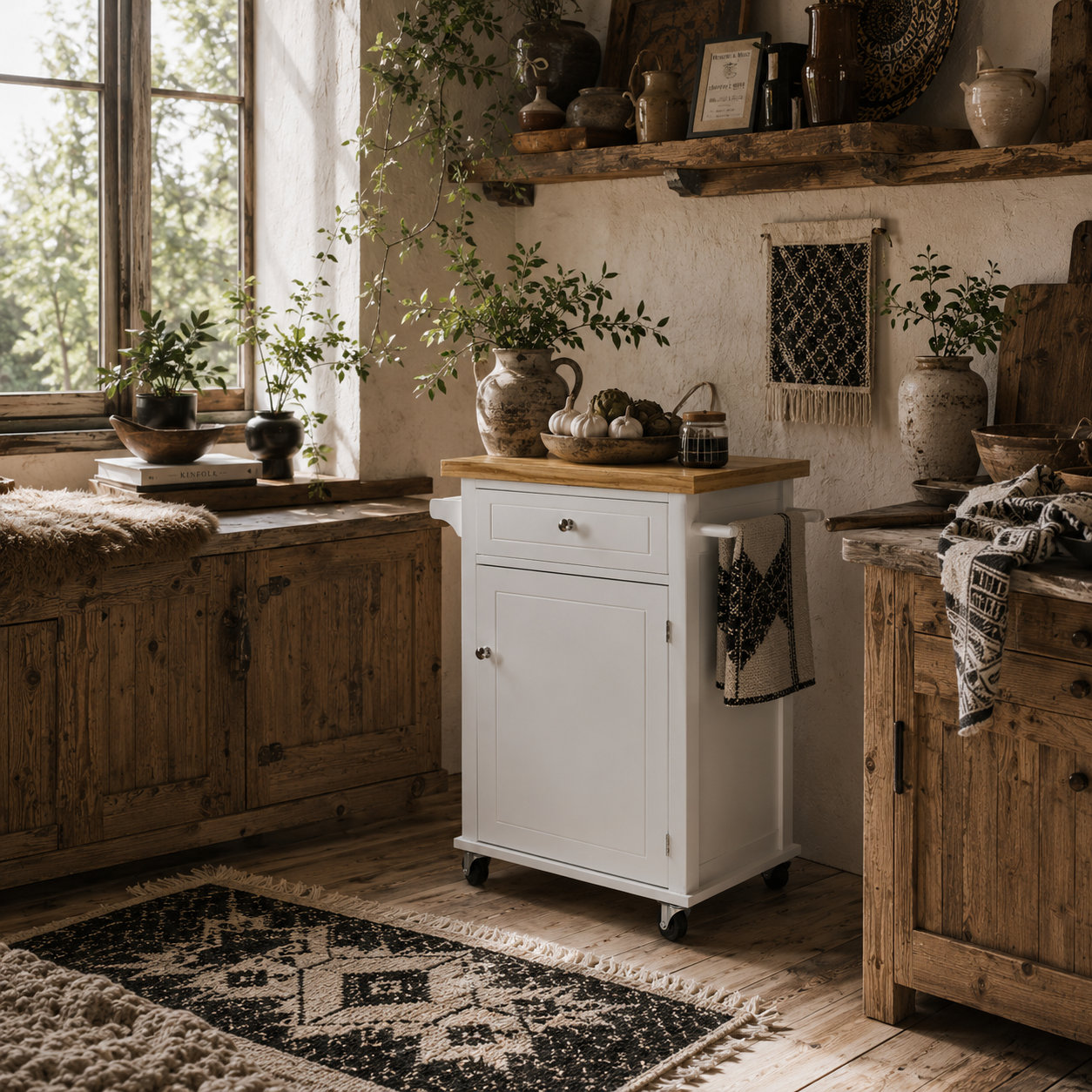 Sofi Wooden White Kitchen Trolley With Drawer Cupboard And Towel Rail