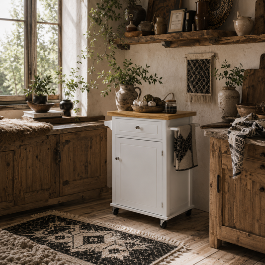 Sofi Wooden White Kitchen Trolley With Drawer Cupboard And Towel Rail