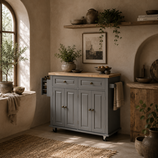 Lenevi Wooden Grey and Natural Rolling Kitchen Island With Drawers And Storage