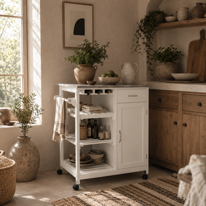 Sohavi Wooden White Compact Kitchen Trolley With Wine Rack Drawer And Open Shelving