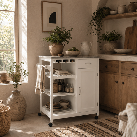 Sohavi Wooden White Compact Kitchen Trolley With Wine Rack Drawer And Open Shelving