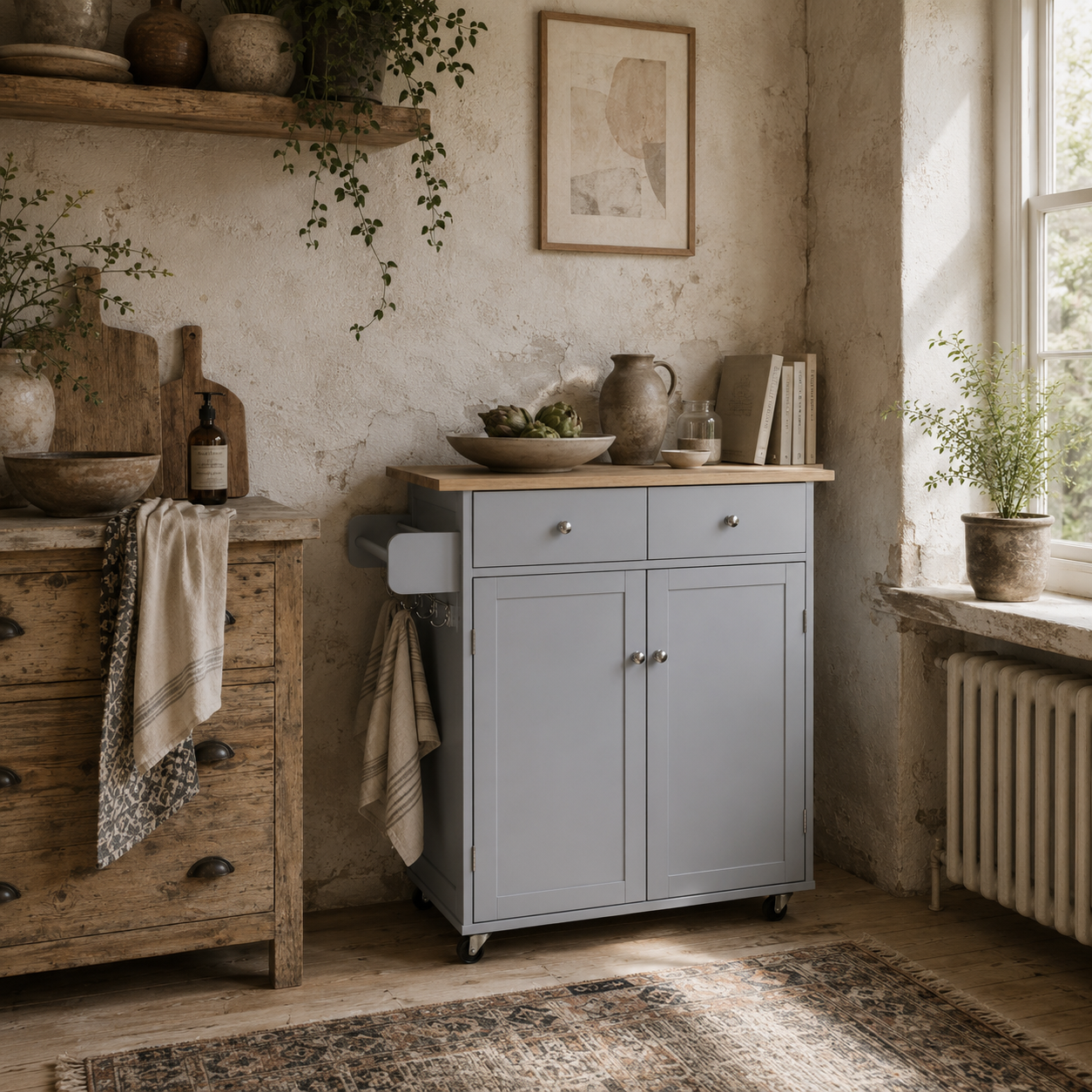 Mobani Natural Top Grey Wood Rolling Kitchen Island With Drawers Towel Rack And Hooks