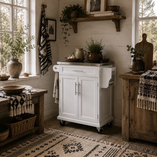 Nenapa Wooden White Kitchen Island On Wheels With Stainless Steel Top Drawer And Side Rack