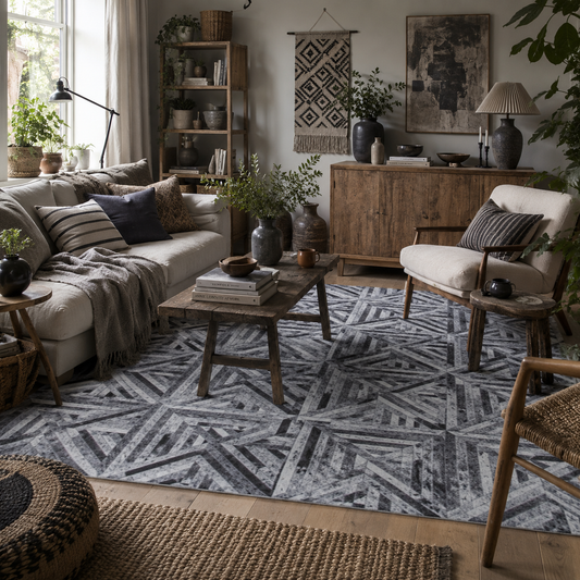 Lufana 290 x 200cm Chenille Black Triangle Pattern Non Slip Rug