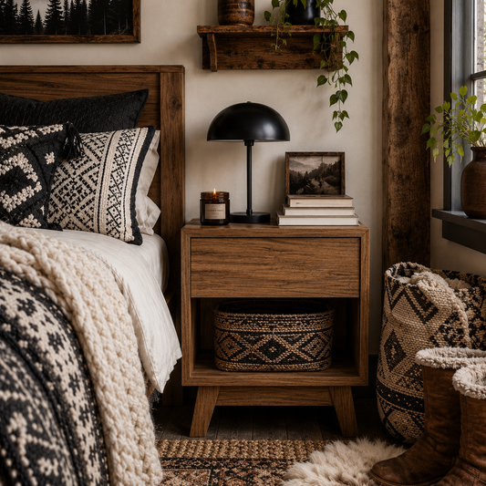 Novafa Walnut Brown Bedside Table With Drawer And Shelf Storage
