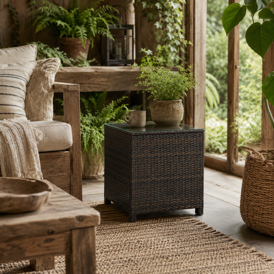 Naco Rattan Brown Outdoor Side Table With Tempered Glass Top