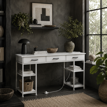 Riba 120cm Wooden White Home Office Desk With Power Sockets 3 Fabric Drawers And Storage Shelves 120 cm