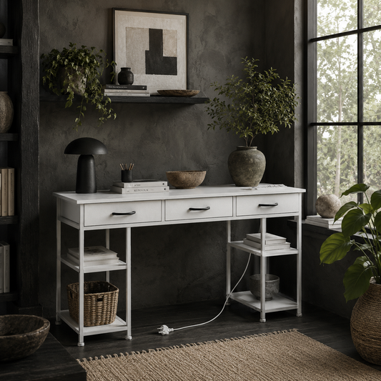 Riba 120cm Wooden White Home Office Desk With Power Sockets 3 Fabric Drawers And Storage Shelves 120 cm