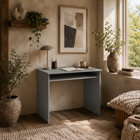 Cottare 90cm Wooden Grey Compact Writing Desk With Storage Shelf