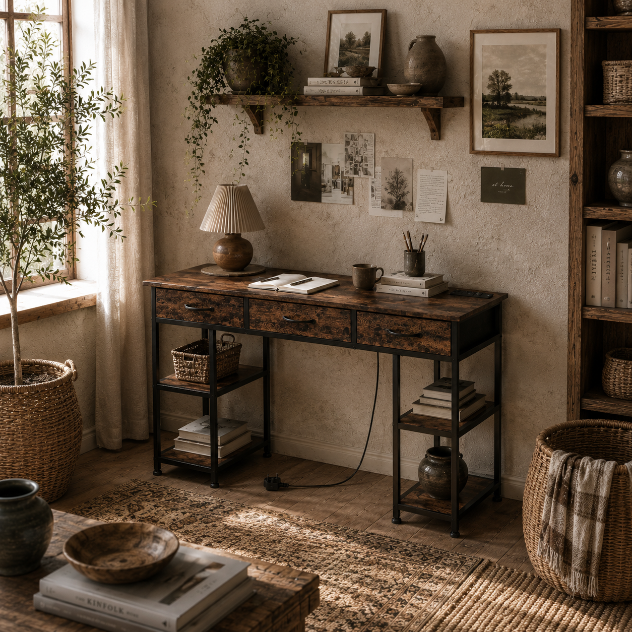 Hariva 120cm Wooden Rustic Brown Home Office Desk With Power Sockets 3 Fabric Drawers And 4 Storage Shelves