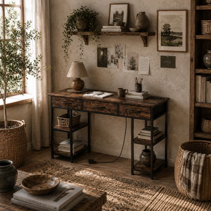 Hariva 120cm Wooden Rustic Brown Home Office Desk With Power Sockets 3 Fabric Drawers And 4 Storage Shelves