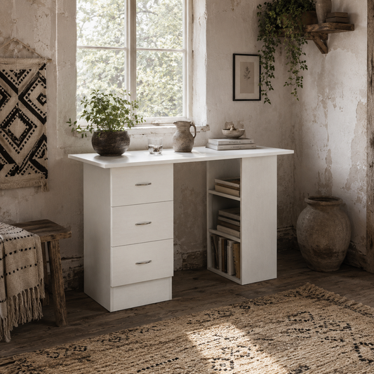Kamore 120cm Wooden White Study Desk With 3 Side Shelves And 3 Drawers