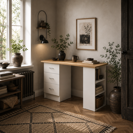 Vasave 120cm Wooden Natural And White Study Desk With 3 Side Shelves And 3 Drawers