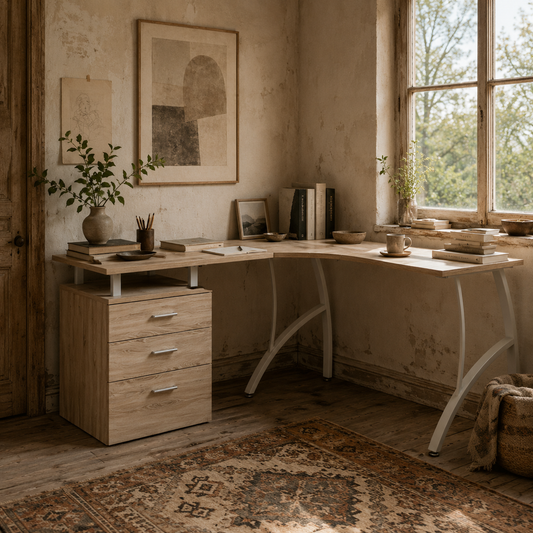Lelolo 143cm Oak Industrial L Shaped Corner Desk With 3 Drawers