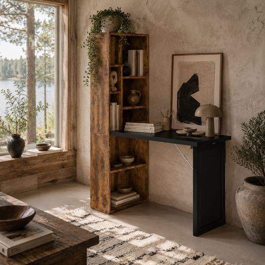 Codi 98cm Rustic Brown Folding Desk With Blackboard Panel And Side Shelving
