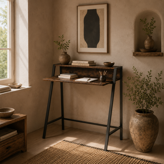 Hala 84cm Rustic Brown Compact Writing Desk With Integrated Storage Shelves