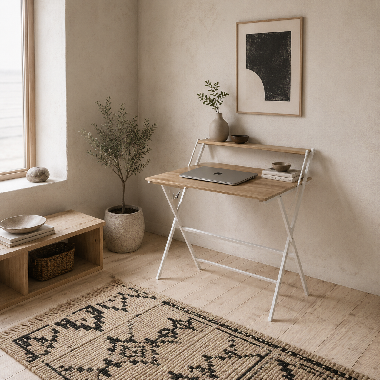 Veeldi 70cm Small Wooden Natural Folding Desk With Raised Monitor Shelf