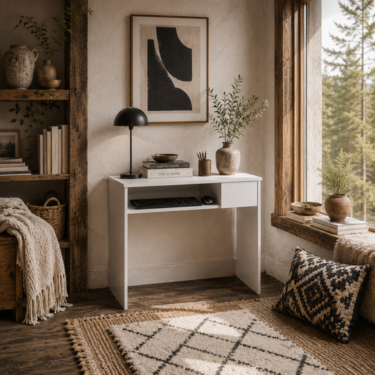 Lohalu 100cm Wooden White Compact Home Office Desk With Keyboard Tray And Drawer Storage