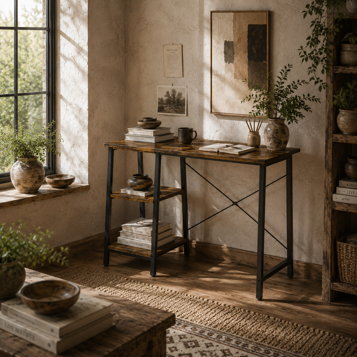 Doso 120cm Metal And Wood Brown And Black Industrial Work Desk With Open Shelving