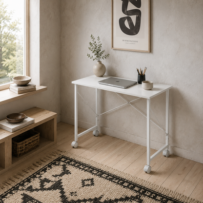 Romira 80cm Metal White Folding Desk Lockable Wheels