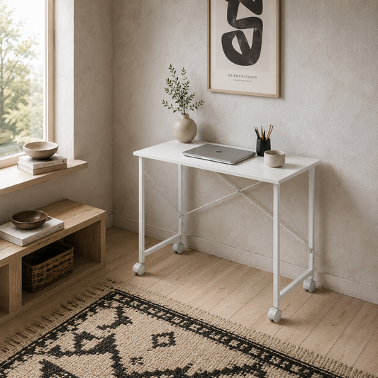 Romira 80cm Metal White Folding Desk Lockable Wheels