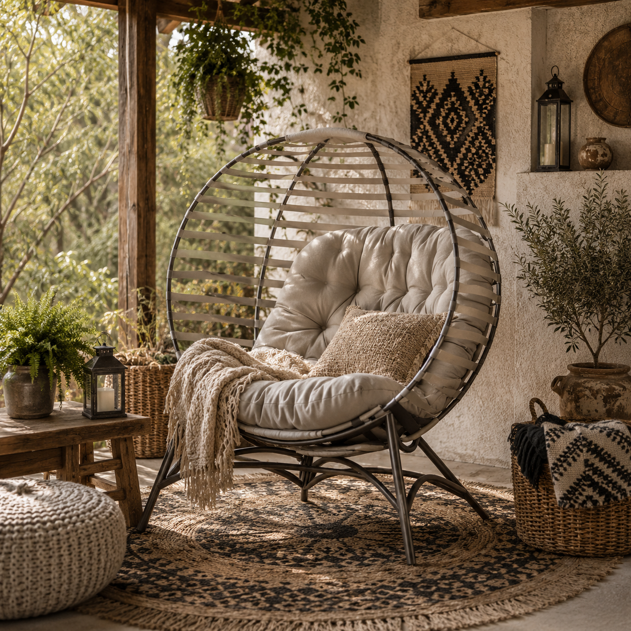 Lenika Oversized Rattan Light Grey Egg Chair With Cushion And Side Storage Pocket