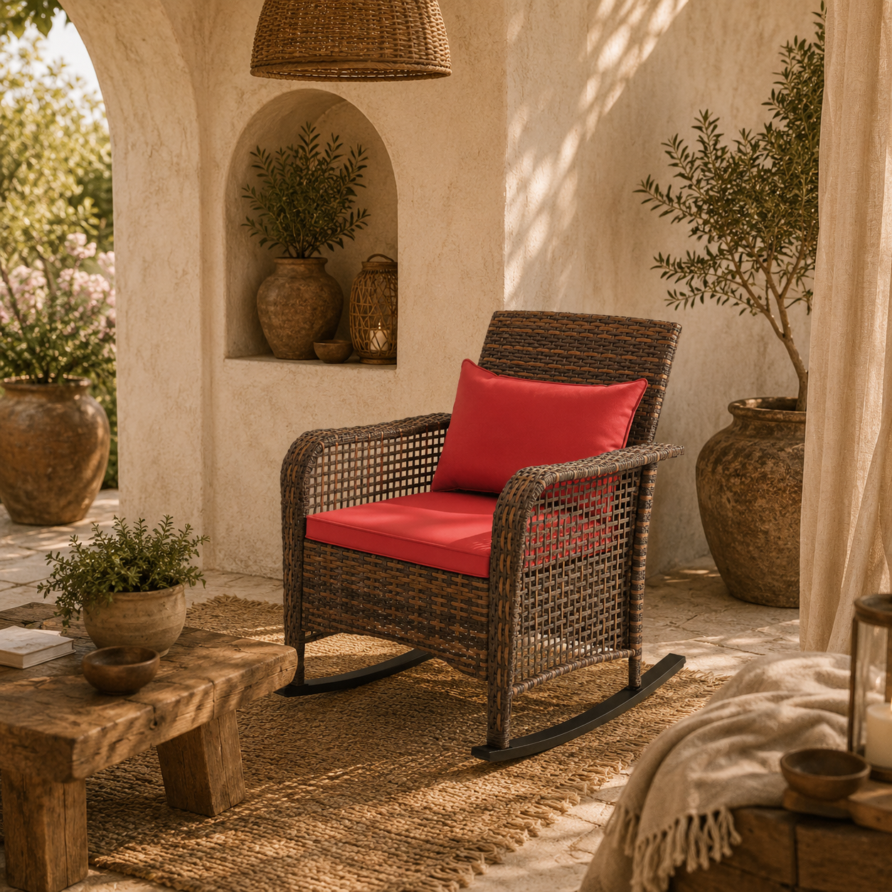 Ninatti Brown Rattan Red Cushions Outdoor Rocking Arcmhair