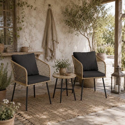 Mirata Natural Brown Rattan Rope Bistro Set with Black Cushions