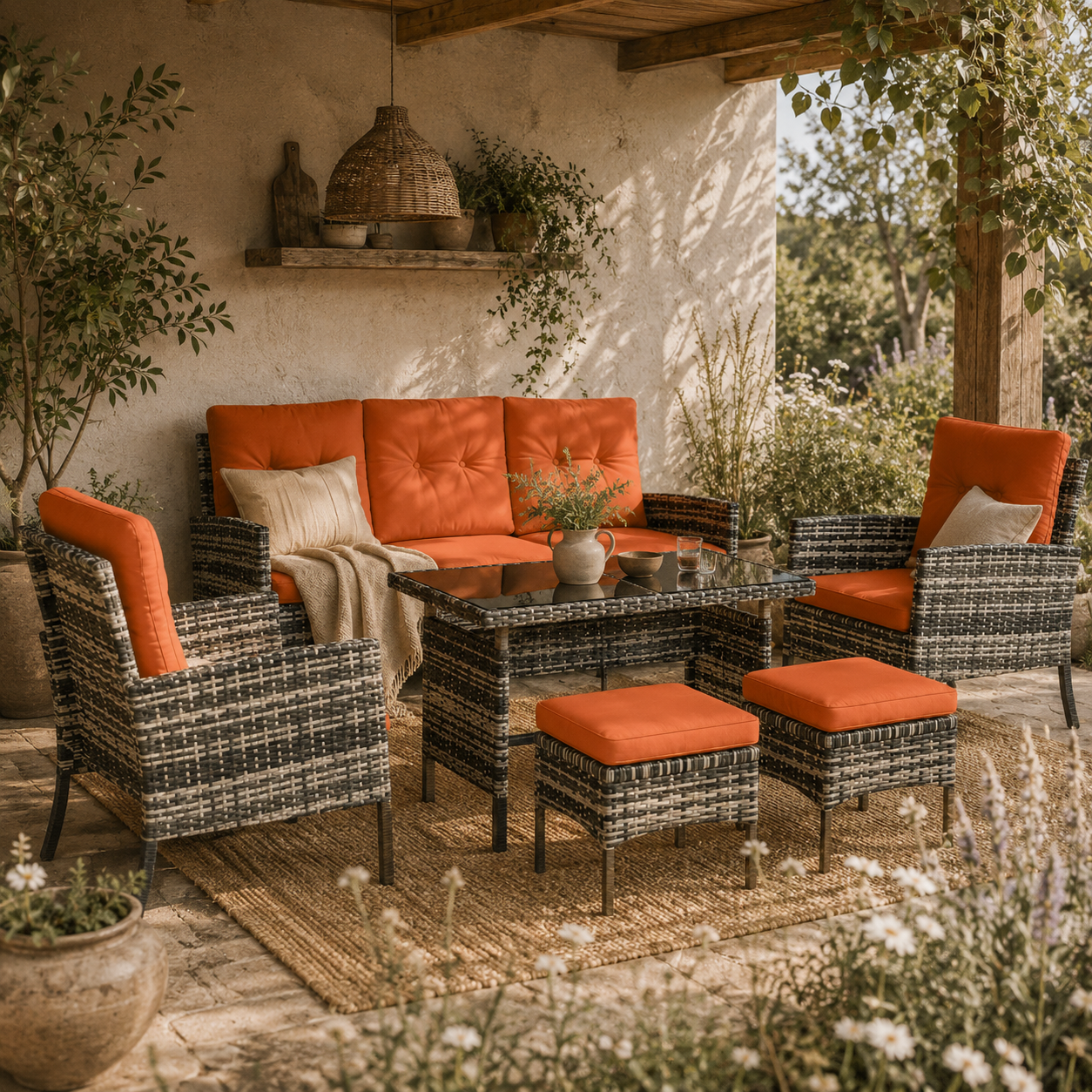 Lodori Grey Rattan 7 Seater Outdoor Dining Set with Orange Cushions And Table