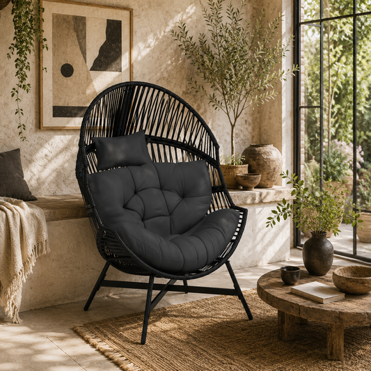 Rataco Rattan Charcoal Grey Oversized Freestanding Egg Chair With Tufted Cushion And Headrest