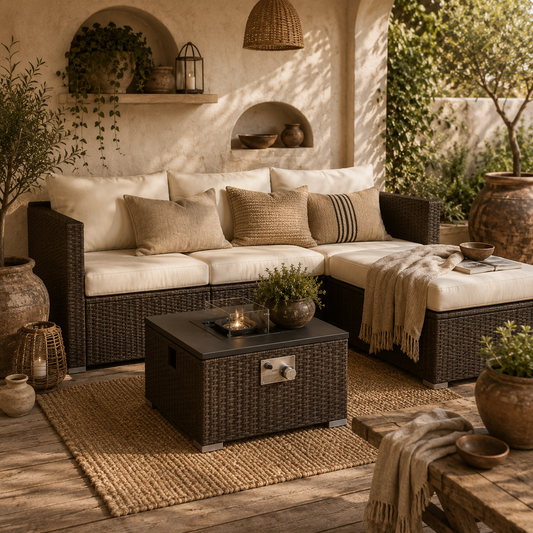 Dirone Rattan Brown And Cream 4 Seater Garden Furniture Set With Gas Fire Pit Table And Footstool