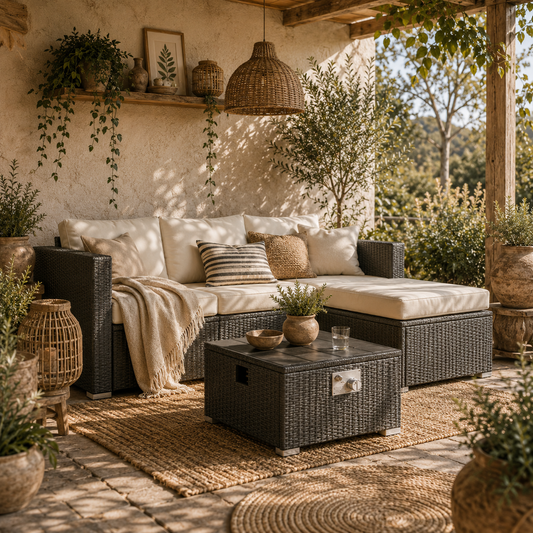 Misa Rattan Black And Cream 5 Piece Garden Furniture Set With Gas Fire Pit Table And Footstool