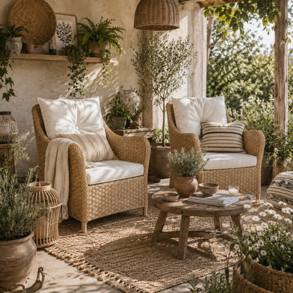 Rera Rattan Beige Set Of 2 Outdoor Armchairs With Cushions Armrests And High Back